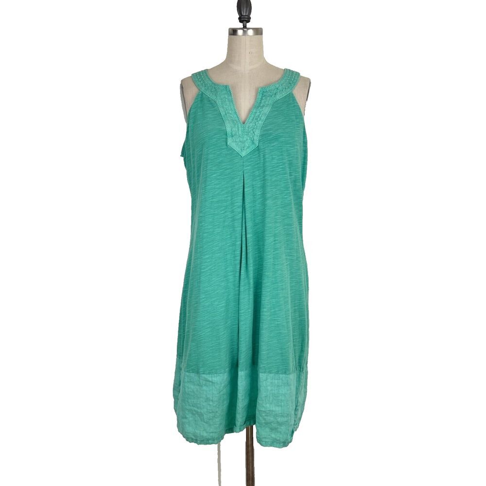Tommy‎ Bahama Sleeveless Green Dress Linen Blend Embroidered Halter Trim Sz M